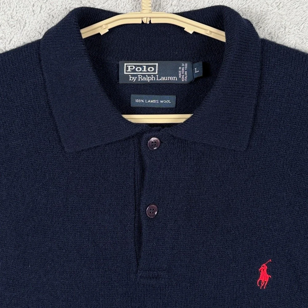 Vintage Polo Ralph Lauren Mens Large Blue Lambswool Knit Collared Sweater Pony
